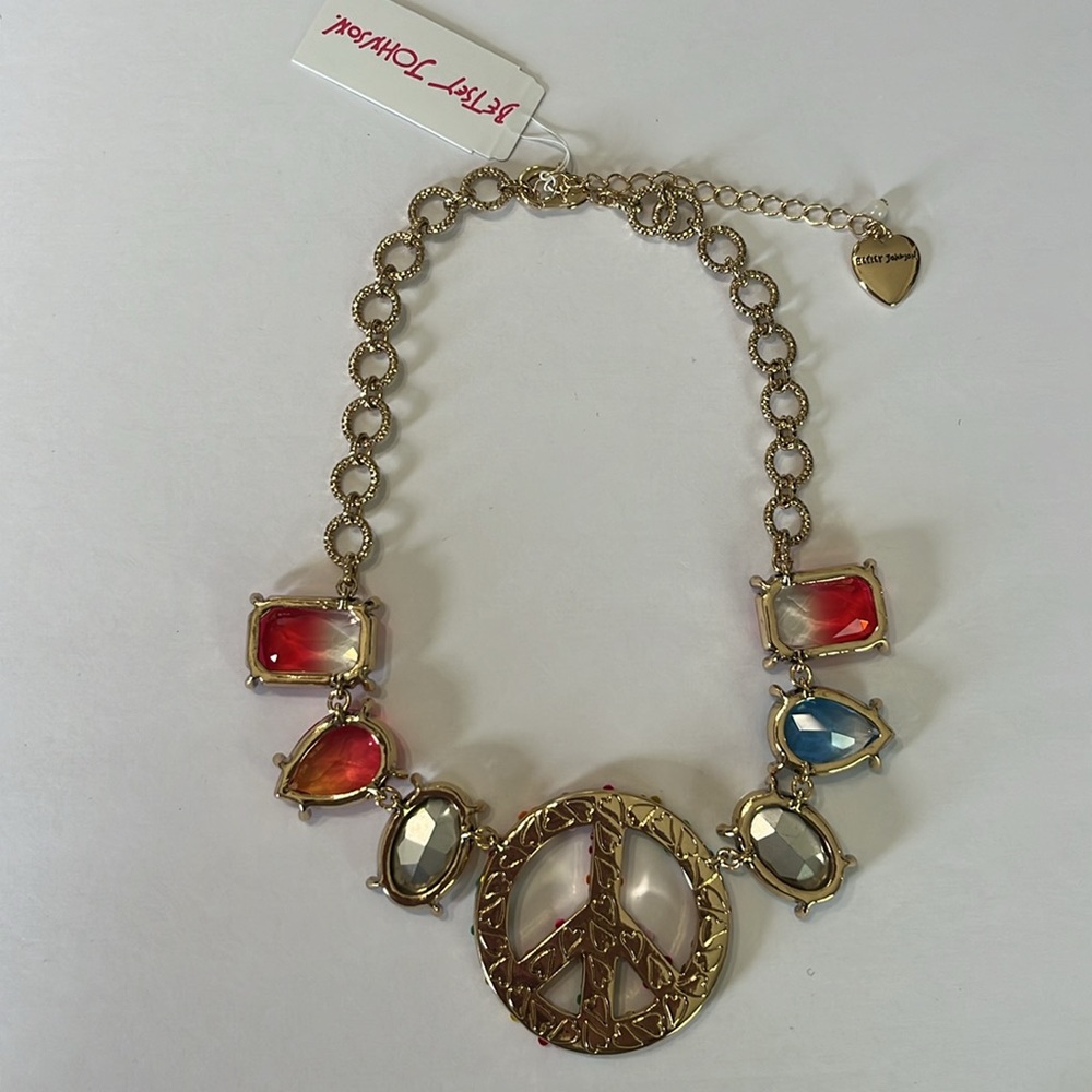 Betsey Johnson Love Fest Peace Sign Multicolor Flower Statement Necklace NWT - Picture 9 of 10